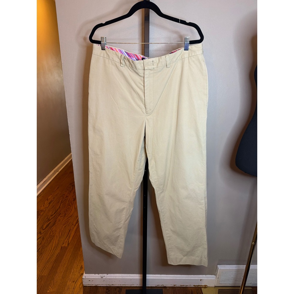 Tommy Hilfiger Mens Chino Pants 36x30 Khaki Tan Cotton Striped Trim Flat Front